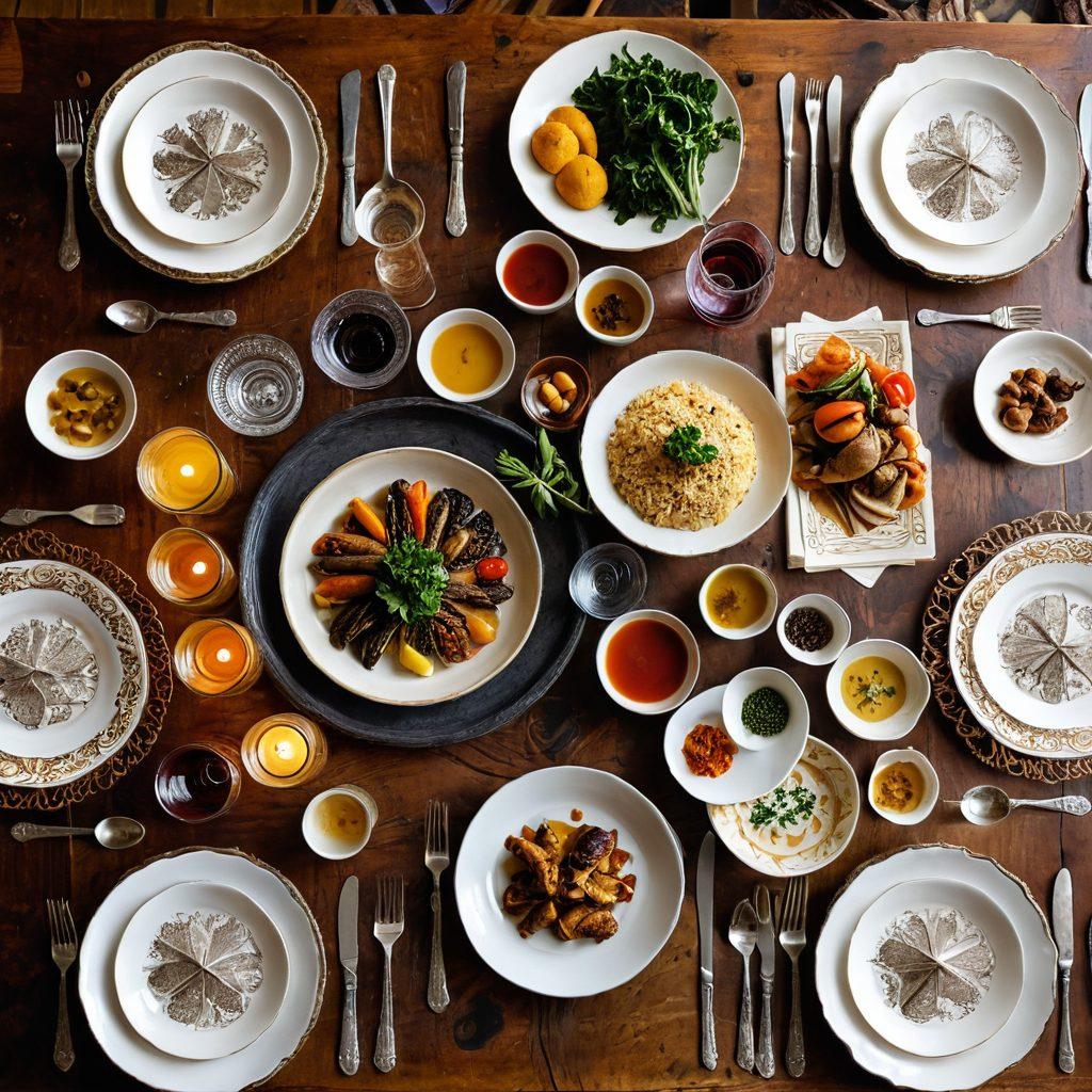 A beautifully arranged table showcasing diverse dishes from various cultures, each plate representing a different culinary tradition. Include historical elements like antique utensils and a map of food origins in the background. Bright, inviting colors to create a warm and appetizing atmosphere. Delicate food plating artfully displayed with a rustic wooden table surface. vibrant colors. warm lighting. hyper-realistic.
