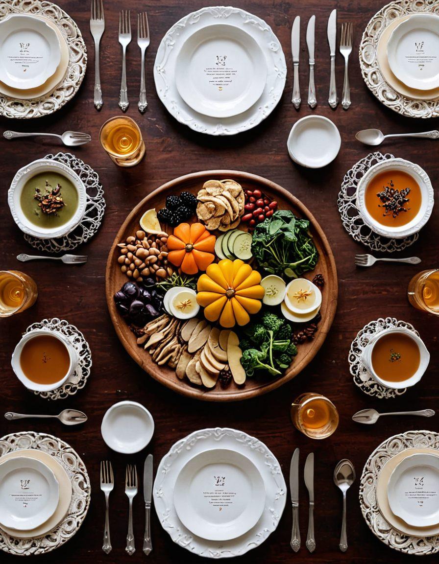 An elegant timeline illustrating the evolution of food serving methods from ancient times to modern-day dining. Include vintage serving utensils like goblets, platters, and forks, gradually transitioning to contemporary table settings with elegant cutlery. The background should have subtle historical images of dining scenes, showcasing cultural diversity in food presentation. Warm, inviting colors to reflect the richness of culinary history. super-realistic. vibrant colors.
