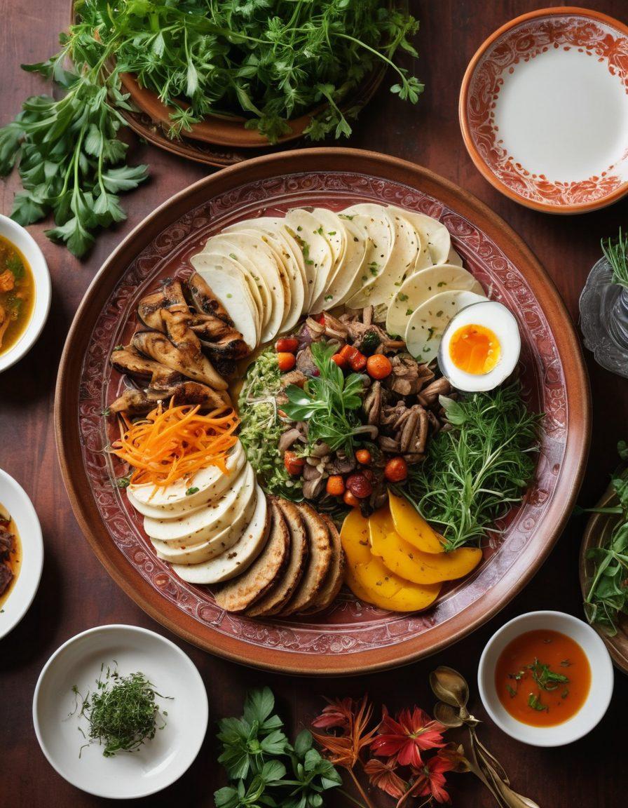 A beautifully arranged plate showcasing diverse culinary dishes from around the world, surrounded by vintage cookbooks and fresh herbs, symbolizing the fusion of heritage and modern gastronomy. Include a soft ambient light illuminating the scene, evoking a warm and inviting atmosphere. super-realistic. vibrant colors. soft focus.